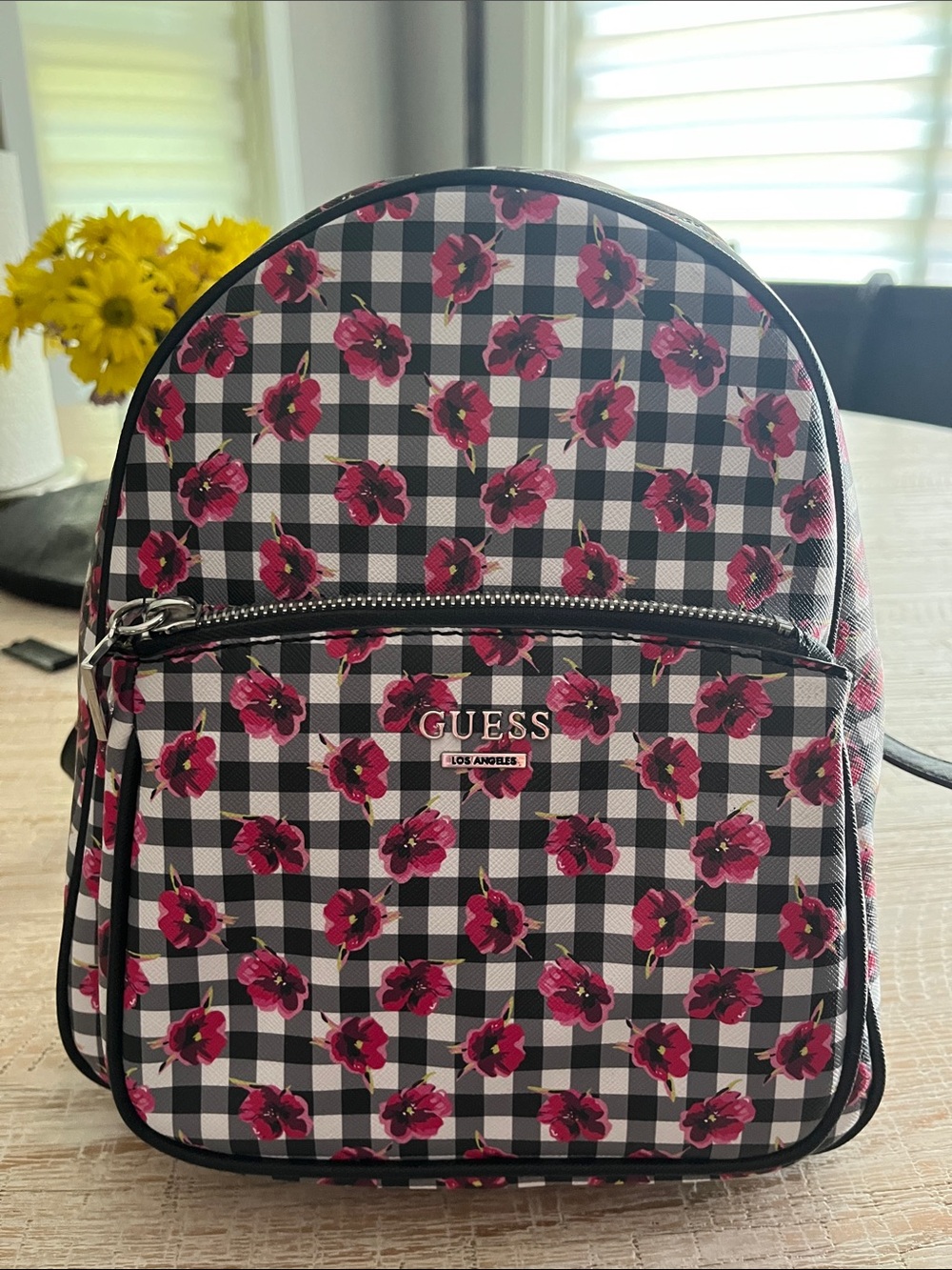 GUESS Black & White Gingham Backpack with Pink Floral Print